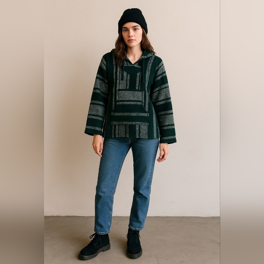 Artesanias Cuamatz! Baja Hoodie‎ Drug Rug Pullover Striped Kangaroo Pocket Green